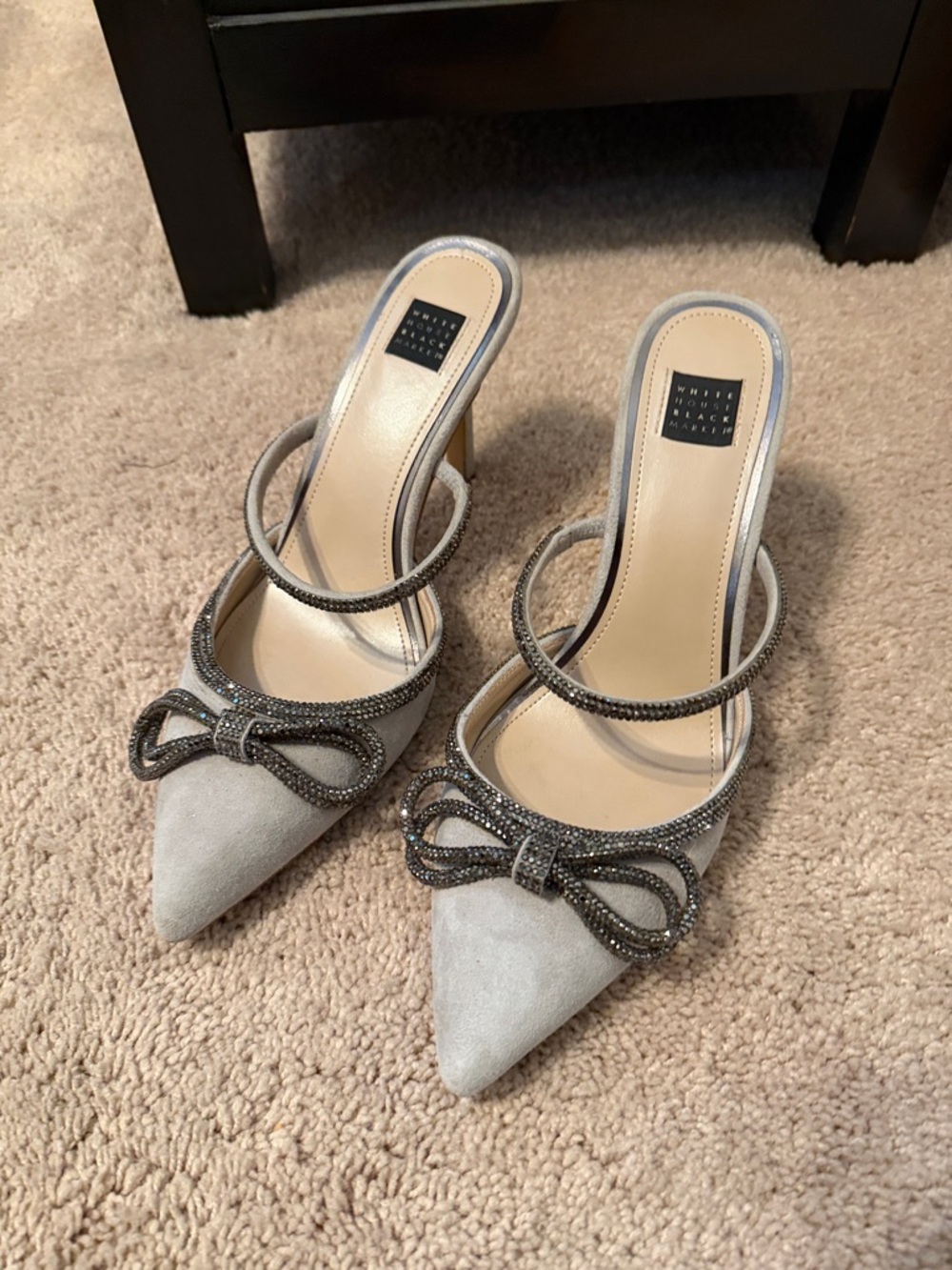 White House Black Market Silver Suede Pointed-Toe Mules with Crystal Bow